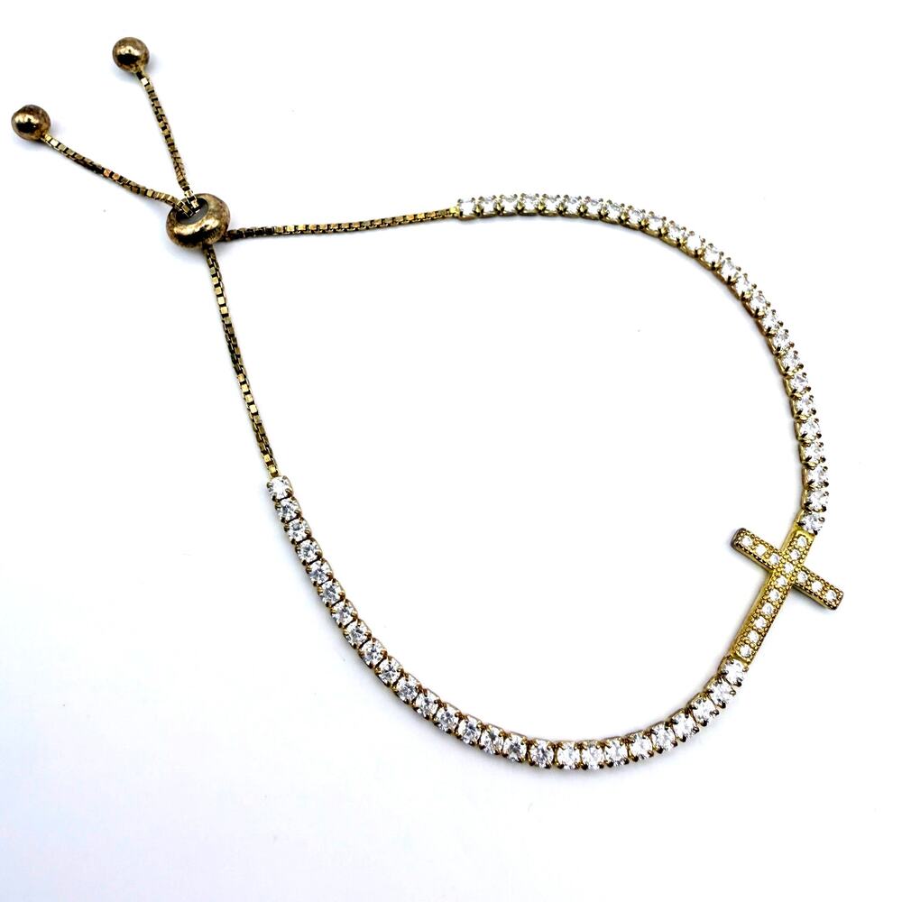 Signed FZN 925 Sterling Silver Vermeil Gold Bolo Cross Bracelet Cubic Zirconia